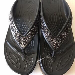 Black Glitter Crocs Thong Flip Flop Sandals